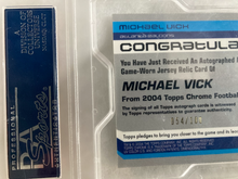 Load image into Gallery viewer, 2004 Michael Vick Topps Chrome Auto Patch Graded PSA 9 Football Card #054/100

